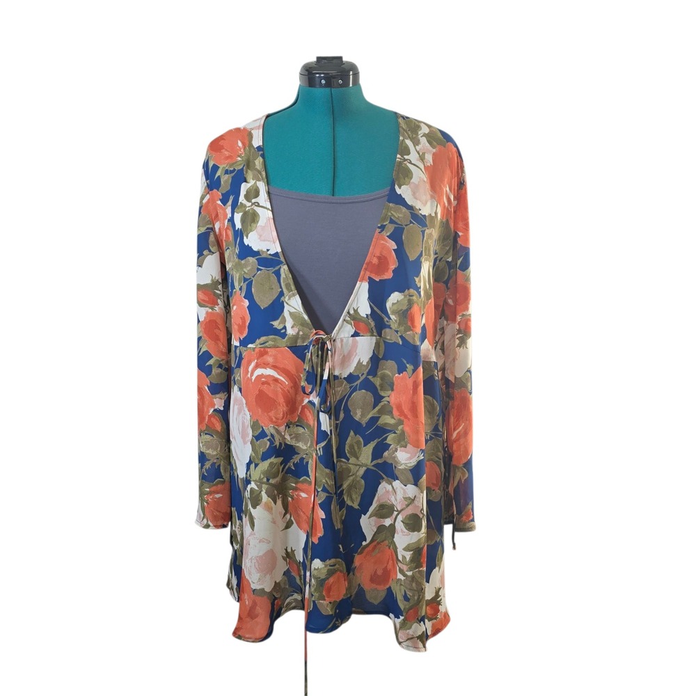 Olivaceous Women's L Floral Print Tie Front‎ Long Sleeve Sheer Cardigan Kimono